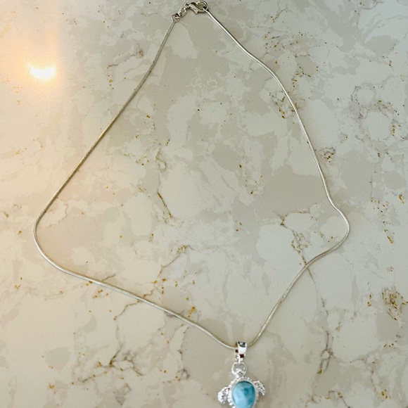 Sterling Silver Larimar Caribbean Gem Sea Turtle Necklace - Picture 6 of 7